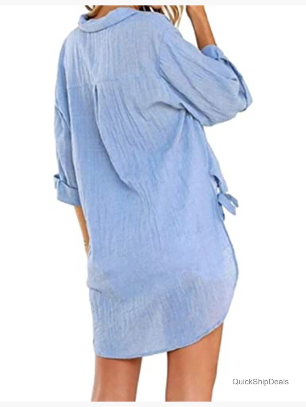 Women's V Neck 3/4 Sleeve Button Down Shirt Blouse Tunic Beach Top - Picture 3 of 5
